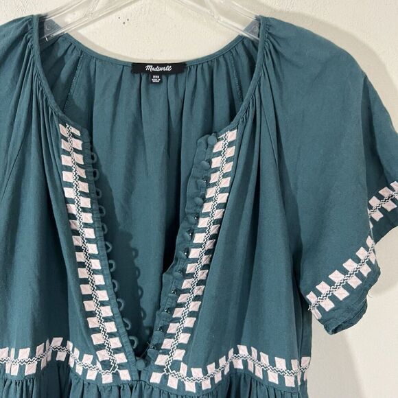 MADEWELL Embroidered Linen-Blend Flutter-Sleeve Tiered Dress Sz XXS green - Picture 4 of 6